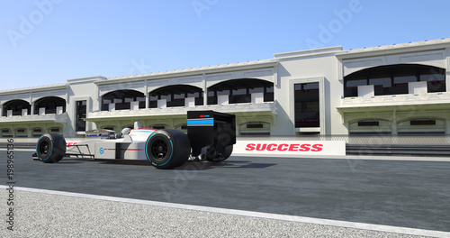 White Racing Car Crossing Finish Line On Racing Track - High Quality 3D Rendering With Environment