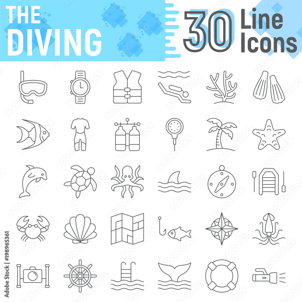 Fototapeta premium Scuba diving thin line icon set, underwater symbols collection, vector sketches, logo illustrations, sea signs linear pictograms package isolated on white background, eps 10.