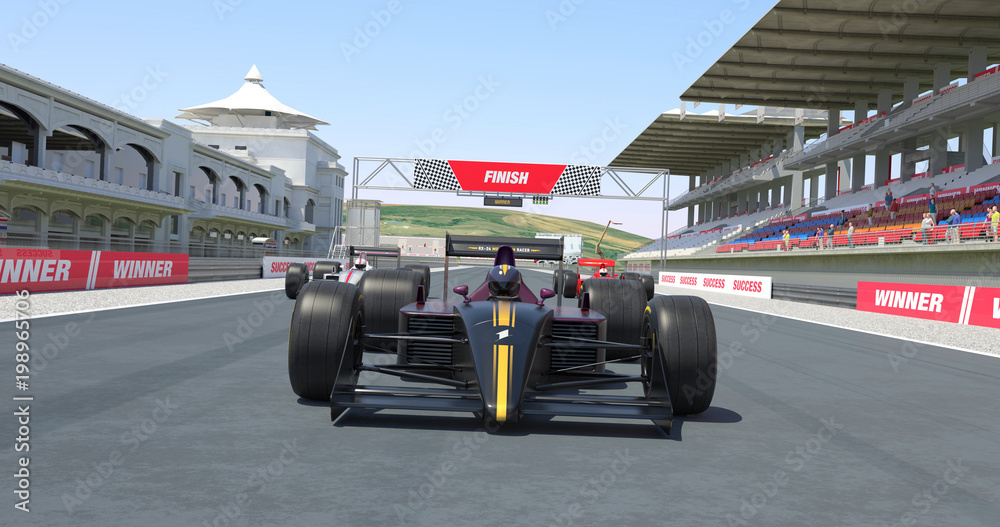 Racing Cars Crossing Finish Line And Winning The Race - High Quality 3D Rendering With Environment Racing Cars Crossing Finish Line And Winning The Race - High Quality 3D Rendering With Environment