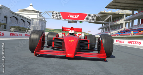 Red Racing Car Crossing Finish Line And Winning The Race - High Quality 3D Rendering With Environment © Yucel Yilmaz