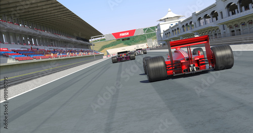 Racing Cars Crossing Finish Line And Winning The Race - High Quality 3D Rendering With Environment © Yucel Yilmaz