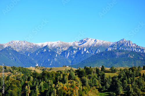 Three colore landscape representing forested hills, snowy mountains and blue sky © Alina