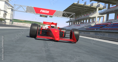 Red Racing Car Winning The Race - High Quality 3D Rendering With Camera Depth Of Field