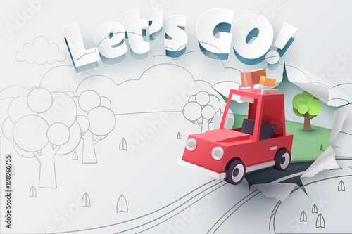 Paper art of red car jumping out from 2D sketch to be 3D paper with ripped let's go text