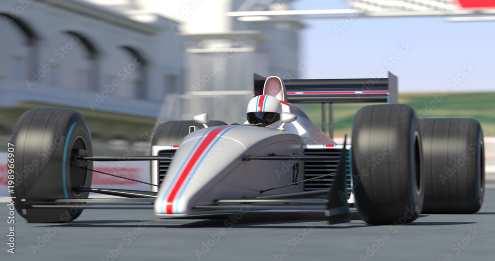 White Racing Car Getting Ready For Racing With Depth Of Field - High Quality 3D Rendering With Environment White Racing Car Getting Ready For Racing With Depth Of Field - High Quality 3D Rendering With Environment