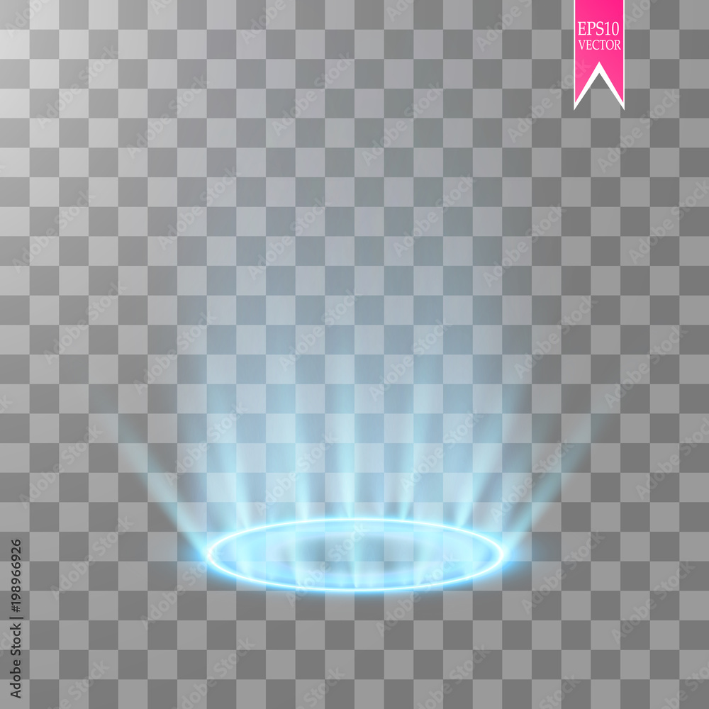 Magic portal of fantasy. Futuristic teleport. Light effect. Light rays of the night scene and sparks on a transparent background. Empty light effect of the podium.