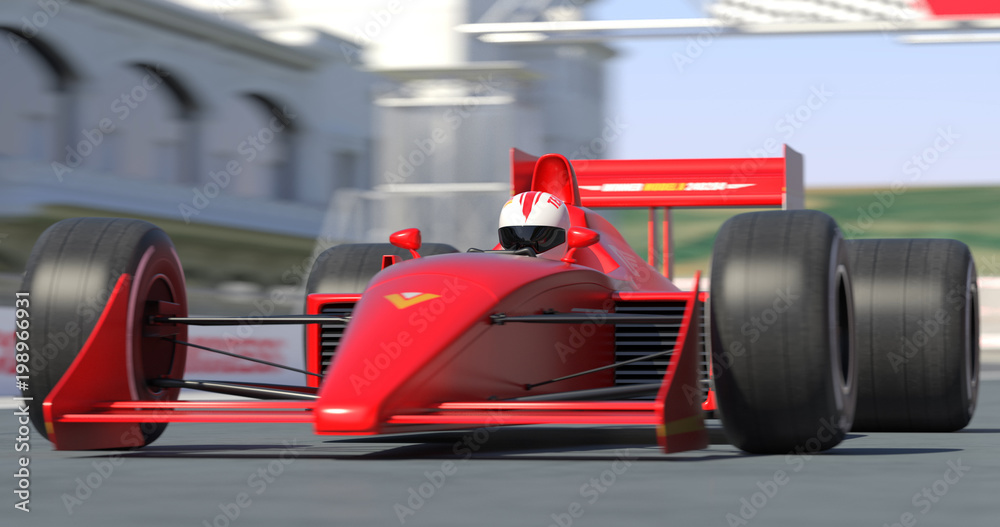 Naklejka premium Red Racing Car Getting Ready For Racing With Depth Of Field - High Quality 3D Rendering With Environment
