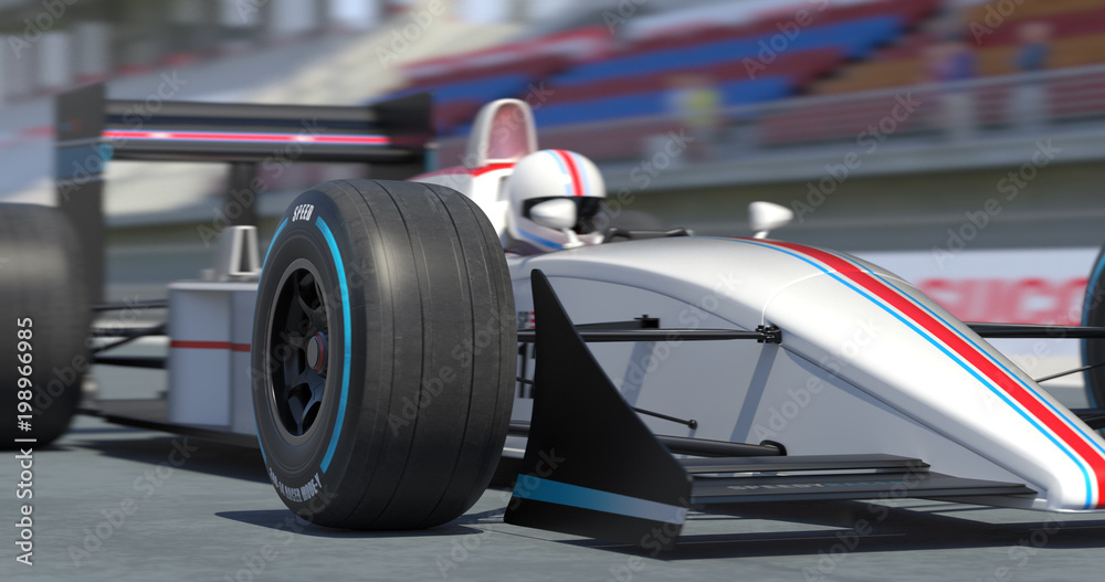 Close Up White Racing Car Getting Ready For Racing With Depth Of Field - High Quality 3D Rendering With Environment