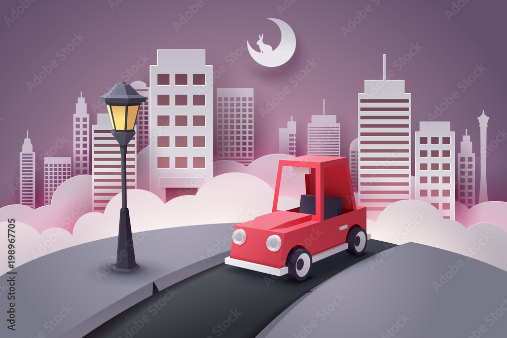 Naklejka Papierowa sztuka czerwony samochodowy bieg out od miasta przy nocą