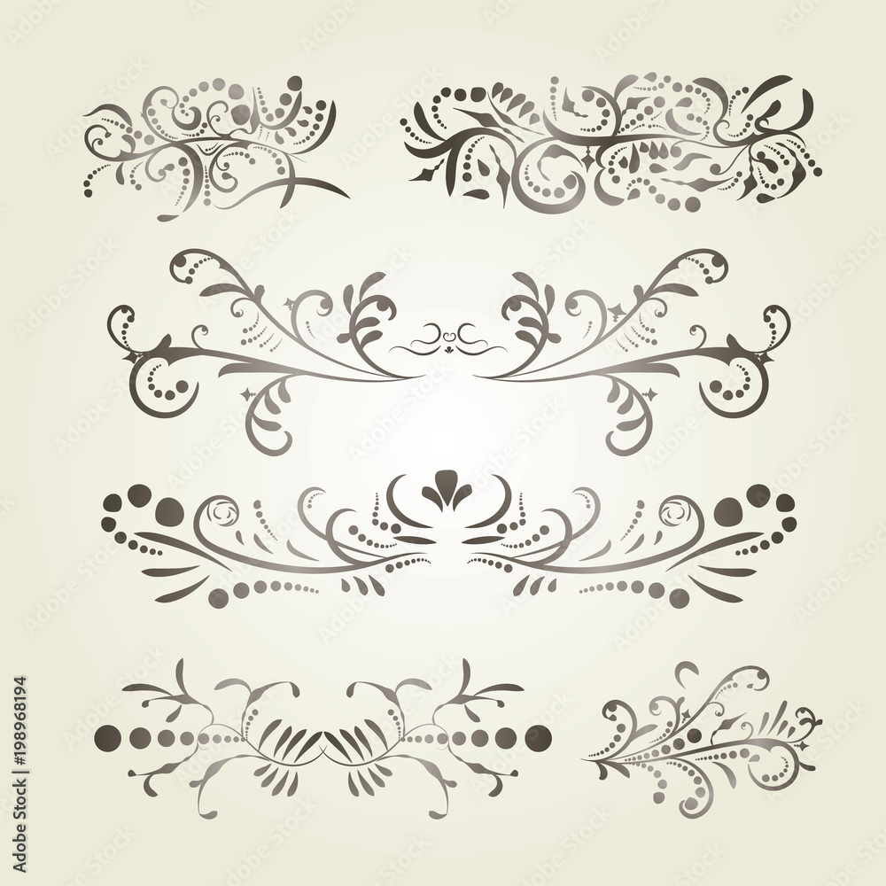 Victorian set of brown gradient ornate page decor elements banners, frames, dividers, ornaments and patterns on light background. Collection design elements. Brown gradient calligraphic swirl elements