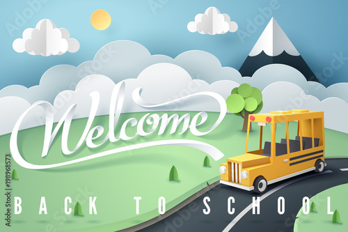 Paper art of school bus running on country road