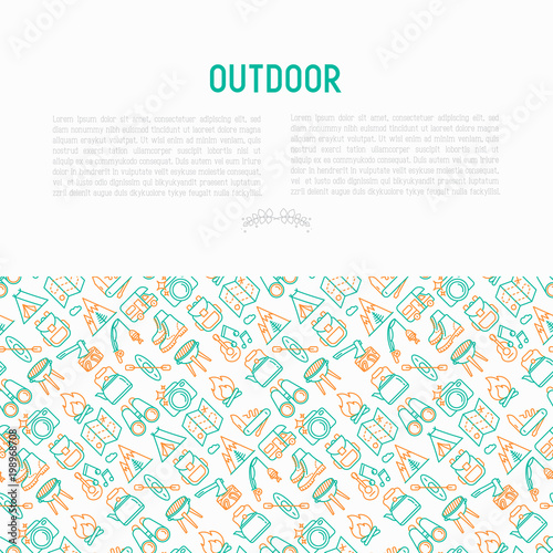 Outdoor concept with thin line icons: mountains, backpack, uncle boots, kettle, axe, map, swiss knife, canoe, camera, fishing rod, binoculars. Vector illustration for print media, web page template.