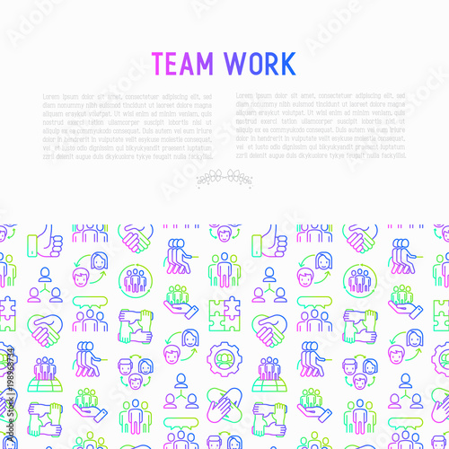 Teamwork concept with thin line icons: group of people, mutual assistance, meeting, handshake, tug-of-war, cooperation, puzzle, team spirit, cooperation. Modern vector illustration for print media.