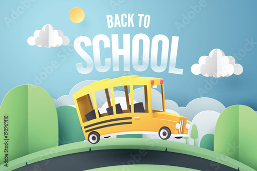 Paper art of school bus running on country road