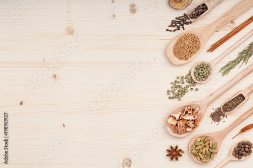 spices and herbs on kitchen wooden table background with copy space for text. food, cooking and restaurant concept. flat lay frame composition, top view