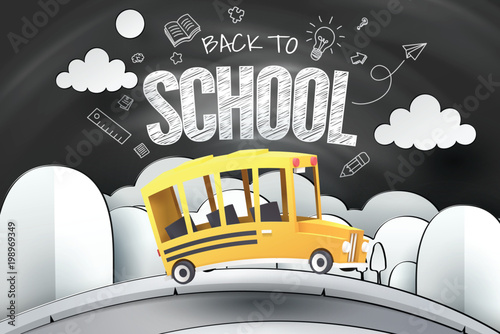 Paper art of school bus running on country road with blackboard