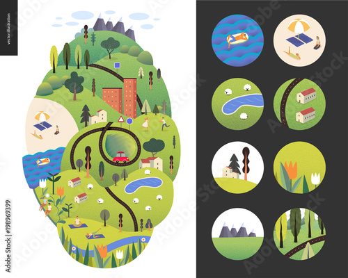 Magical summer landcape - green island with lake, hills, roads, cars, houses and trees, with mountains and clouds above and flowers on foreground. Sheep and resting and doing sport people. Scene icons