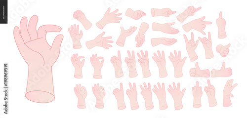The vector illustrated set of outlined hand drawn hands with various gestures