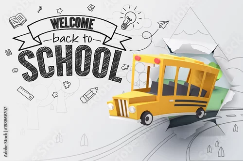 Obraz Papierowa sztuka szkolnego autobusu wyskakującego z naszkicowanego papieru