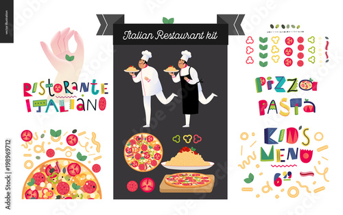 Italian restaurant set - branding, logo and menu constructor - kit of restaurant logo, cooks and waiters wearing the uniform holding a dish of pasta with red bolognese sauce and other italian food