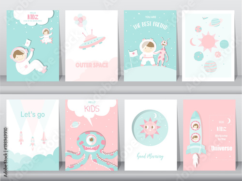  Set of cute space posters,template,cards,cute,rocket,space,education,astronaut,galaxy,star,zoo,Vector illustrations 