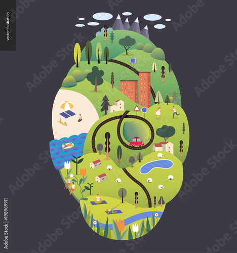 Magical summer landcape - green island with lake, hills, roads, cars, houses and trees, with mountains and clouds above and flowers on foreground. Sheep and resting and doing sport people