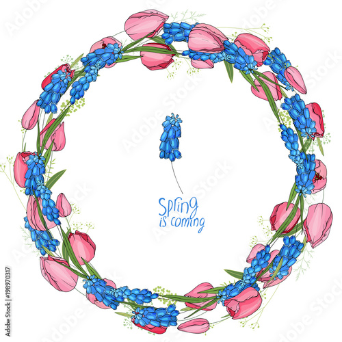 Round garland with spring flowers tulips and muscari. Decorative saeson floral frame for festive design photo