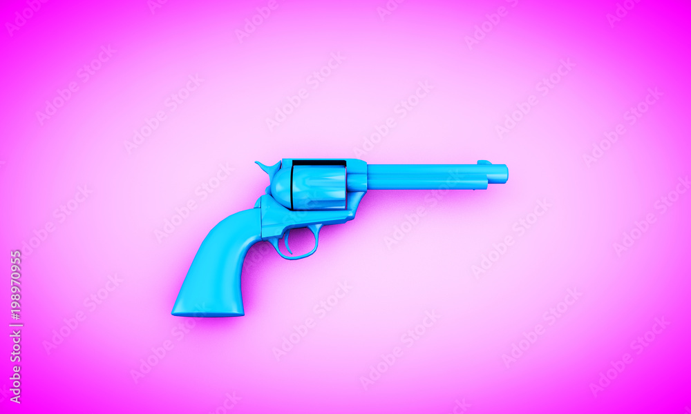 blue revolver on a pink background, 3d render. Creative concept blue revolver on a pink background, 3d render. Creative concept