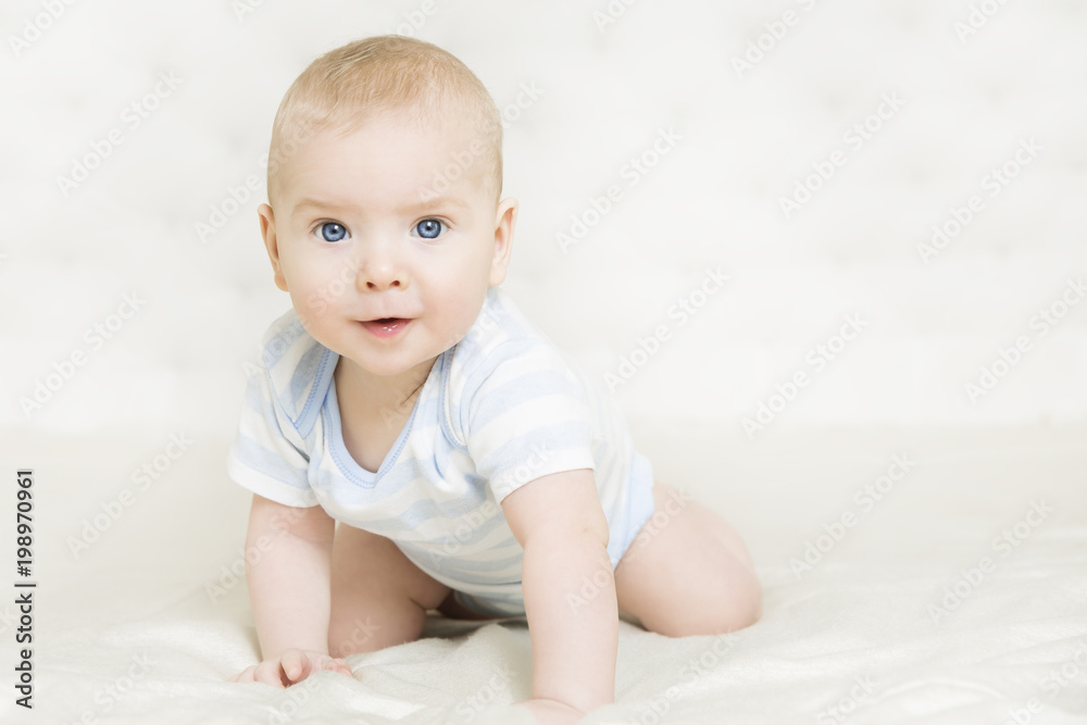 Baby Crawling on White Carpet, Infant Kid Boy Indoors Crawl on Bed, Little Child Portrait Six Months Old