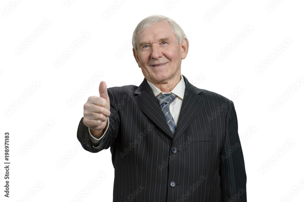 Smiling old businessman with thumb up. Senior with like sign gesture, white isolated background. Smiling old businessman with thumb up. Senior with like sign gesture, white isolated background.
