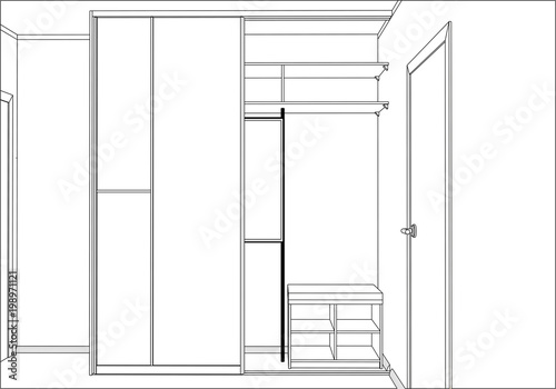3D vector isolated on white background. Empty wardrobe with sliding doors in the room. Cupboard. Home Interior Design Software Programs. Illustrator. Lines, construction, appliances.