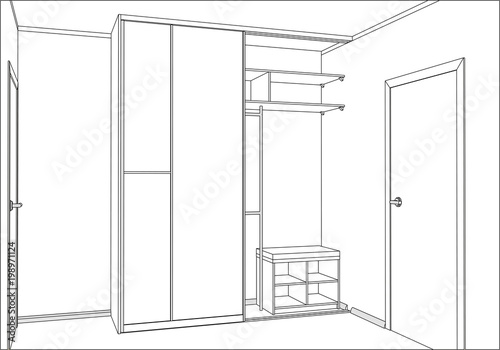 3D vector. Empty wardrobe with sliding doors in the room. Functional cupboard. Chair hidden in the closet. Home Interior Design Software Programs. Lines, construction, appliances.