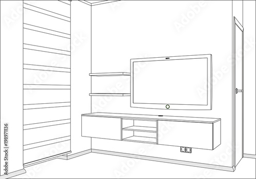 3D vector illustration. TV stand and entertainment center with appliances and decors. Modern living room interior. Modern creative TV furniture. Home Interior Design Software Programs.