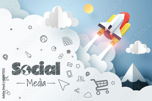 Paper art of spaceship launch to the sky, social media marketing concept and start up business idea