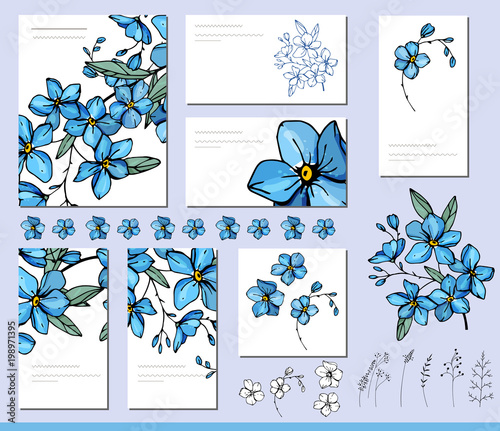 Forget me not set with visitcards and greeting templates