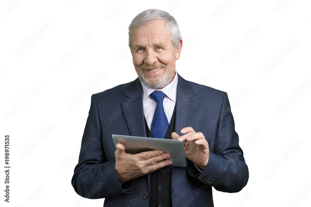 Smiling successful businessman with tablet. White isolated background. Smiling successful businessman with tablet. White isolated background.