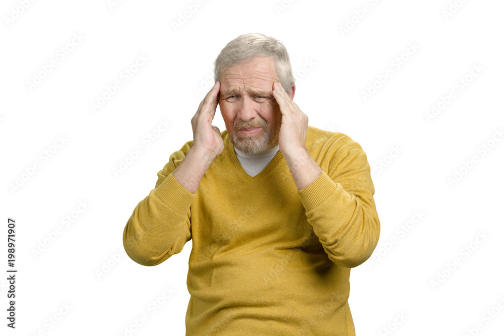 Old senior man has terrible headache. Touching head, feeling pain. White isolated background. Old senior man has terrible headache. Touching head, feeling pain. White isolated background.