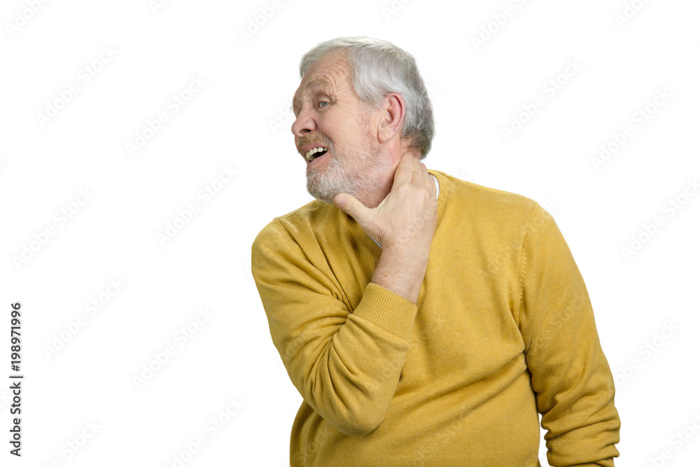 Old man having neck pain. Feeling pain, neck disease. White isolated background. Old man having neck pain. Feeling pain, neck disease. White isolated background.