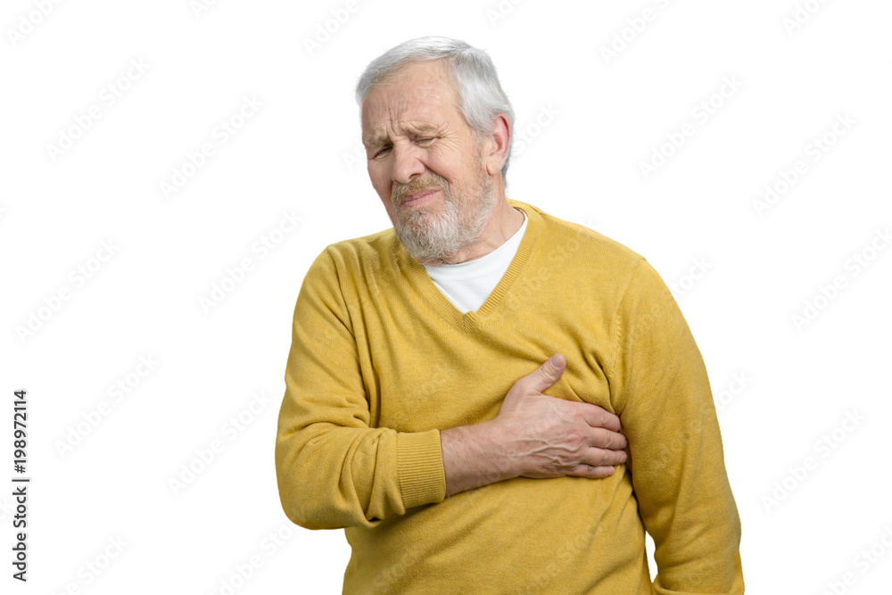 Portrait of man with sudden heart stroke. Touching breast. White isolated background. Portrait of man with sudden heart stroke. Touching breast. White isolated background.