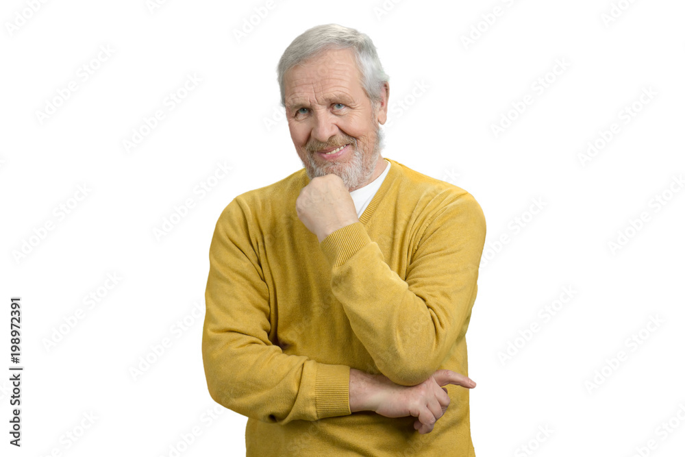 Portrait of handsome grandpa. Nice old man in yellow sweater. White isolated background. Portrait of handsome grandpa. Nice old man in yellow sweater. White isolated background.