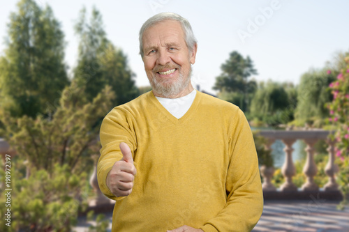 Portrait of old man with like gesture outdoor. Senior with thumb up in the sunny park.