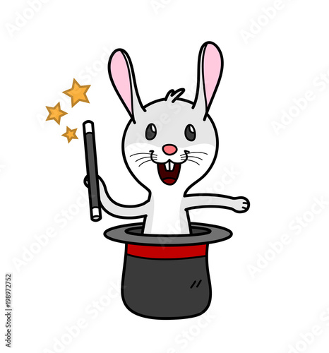 A Rabbit Holding a Magic Stick Coming out of a Magician's Hat Performing Trick