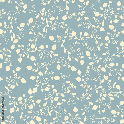 Oriental floral seamless pattern with Pomegranate print. Vintage vector background for Jewish holiday, new year of trees for Tu Bishvat. A tree with pomegranate fruits, branches, swirls.