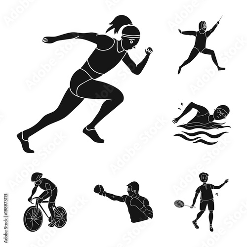 Different kinds of sports black icons in set collection for design. Athlete, competitions vector symbol stock web illustration.