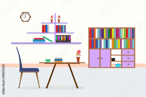 living room interior library with table chair bookcase shelf coffee cup flower vase clock. design Vector illustration with copy space add text