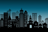 silhouette cityscape architectural building skyscrapers icon. black design flat style on  blue deep background with copy space Illustration vector