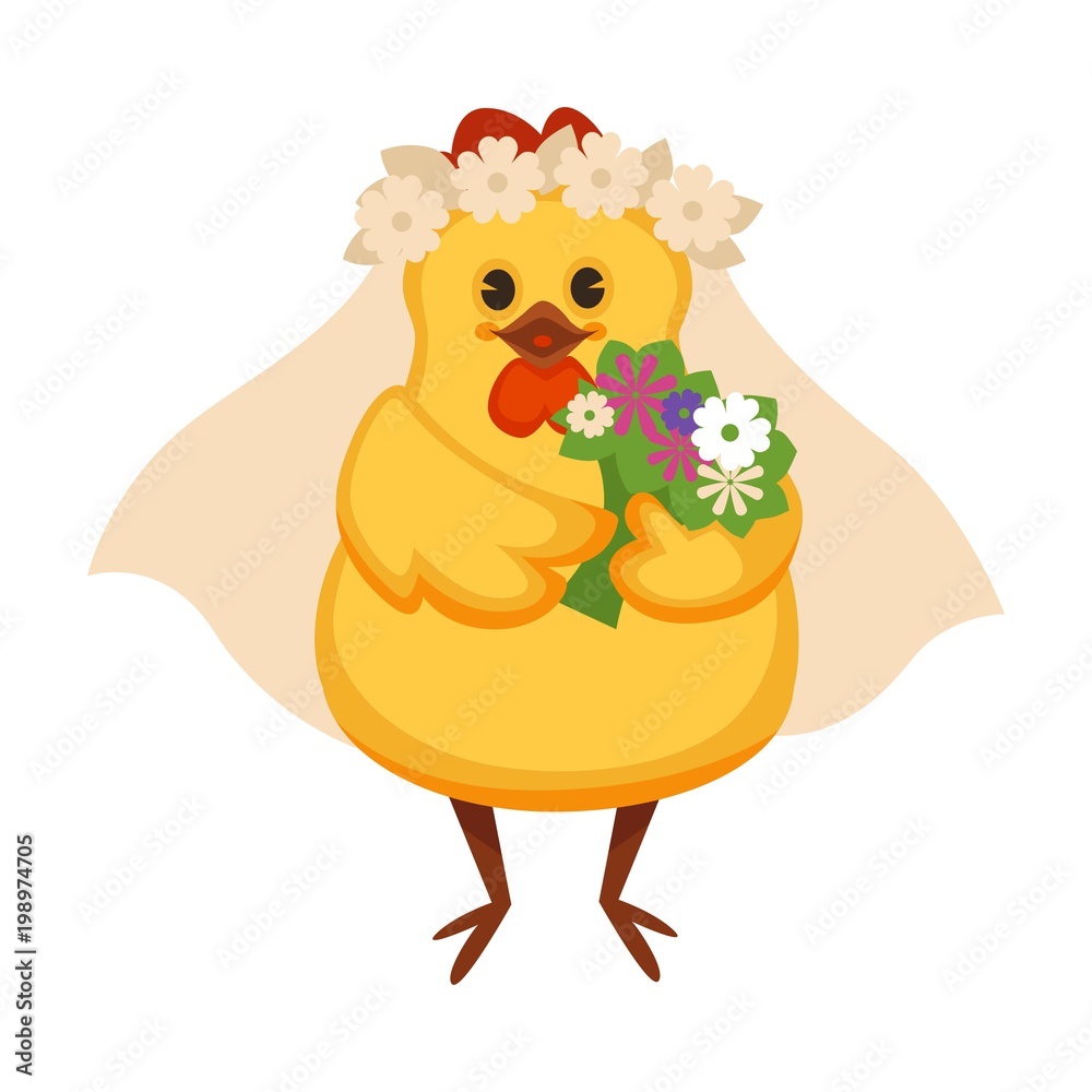 Chicken in vail with wreath of chamomile and bouquet Chicken in vail with wreath of chamomile and bouquet