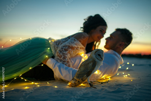 Bride and groom lie in desert next to garland of light bulbs and owl at sunset. Closeup. © Stanislav