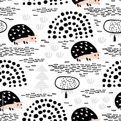 Baby seamless pattern with hedgehogs on a meadow among mushrooms and plants. Creative vector childish background for fabric, textile, nursery wallpaper.