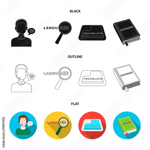 A translator in headphones, a magnifying glass showing translation, a button with an inscription, a book with a bookmark. Interpreter and translator set collection icons in black,flat,outline style